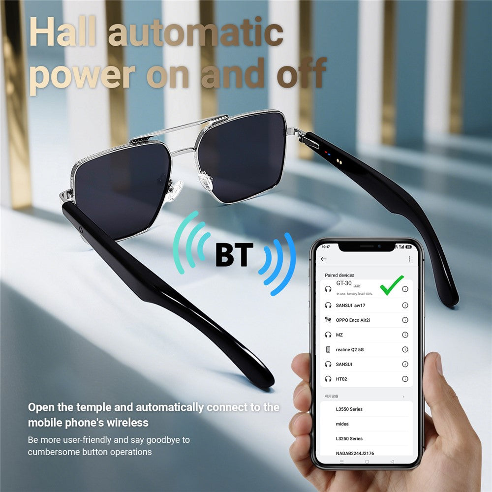 GT30 Smart Audio Glasses Hall Automatic Switch Metal Spring Hinge Stainless Steel Frame Sunglasses