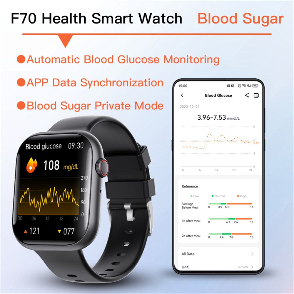 F70 Smart Watch Blood Glucose Health Monitoring Breathing Training Sports Watch, Silicone Strap