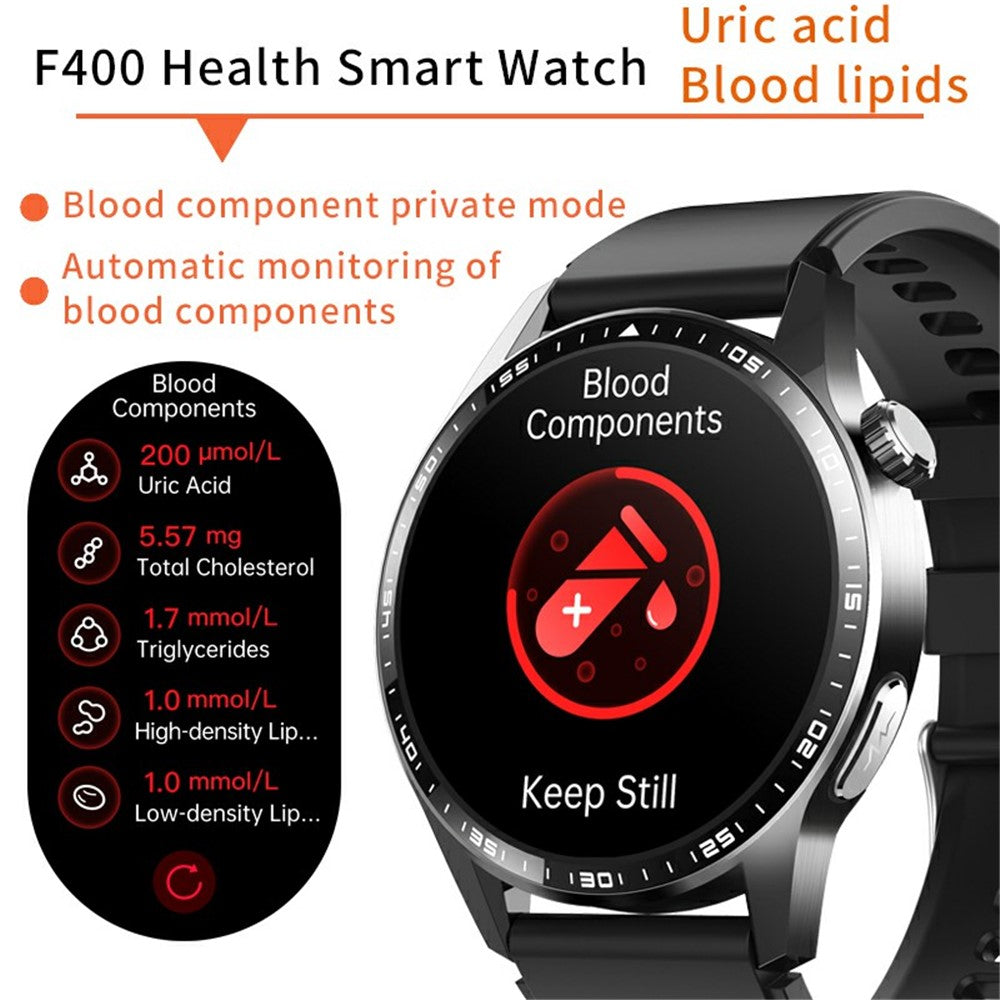 F400 Non-Invasive Blood Sugar Smart Watch ECG Blood Pressure Monitor Bluetooth-compatible Call Sports Watch, Silicone Strap