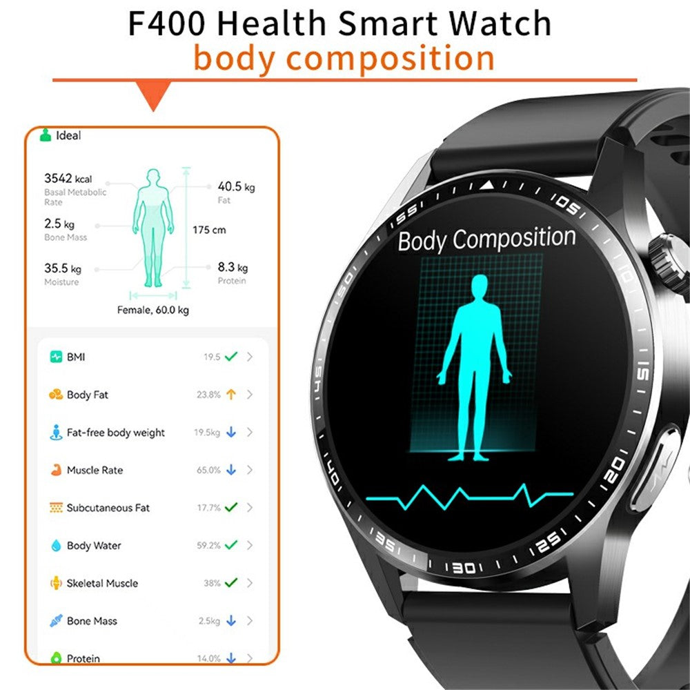 F400 Non-Invasive Blood Sugar Smart Watch ECG Blood Pressure Monitor Bluetooth-compatible Call Sports Watch, Silicone Strap