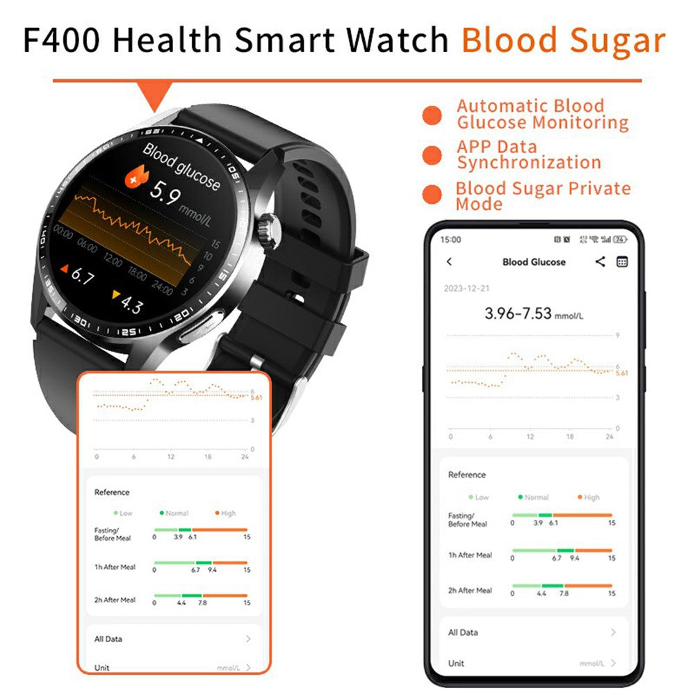 F400 Non-Invasive Blood Sugar Smart Watch ECG Blood Pressure Monitor Bluetooth-compatible Call Sports Watch, Silicone Strap