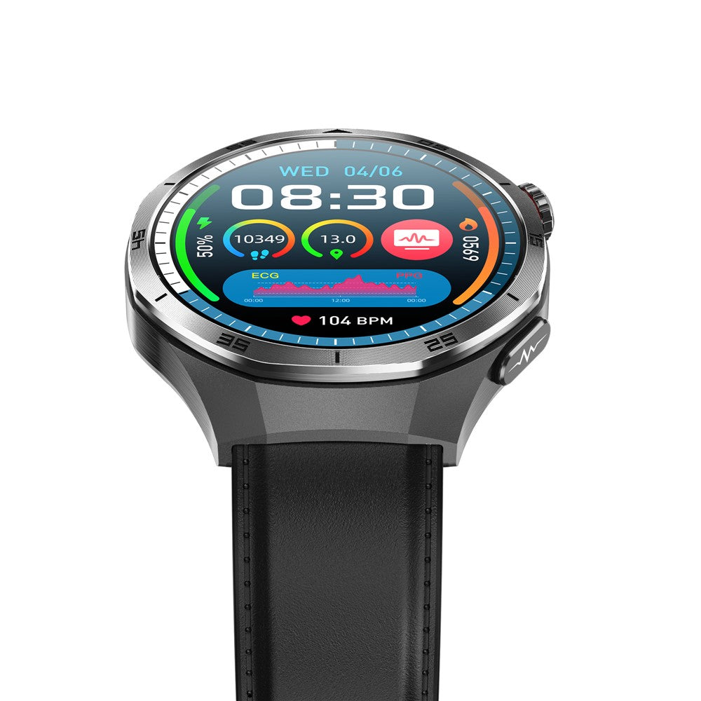 ET456 Leather Strap 1.56 Inch Round AMOLED Screen Smart Watch Bluetooth-Compatible Call ECG Health Monitor Sports Watch