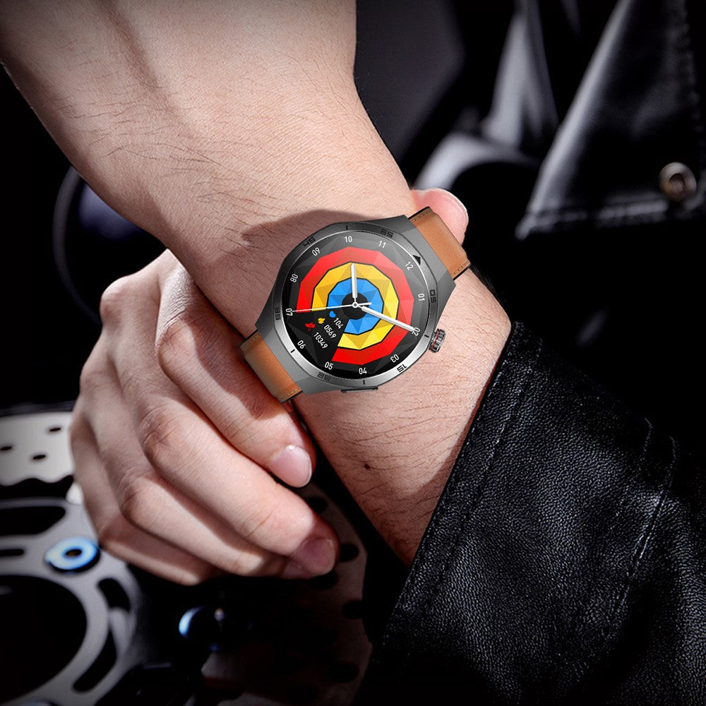 ET456 Leather Strap 1.56 Inch Round AMOLED Screen Smart Watch Bluetooth-Compatible Call ECG Health Monitor Sports Watch