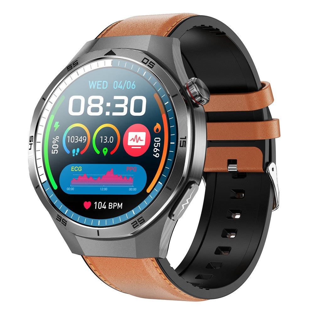 ET456 Leather Strap 1.56 Inch Round AMOLED Screen Smart Watch Bluetooth-Compatible Call ECG Health Monitor Sports Watch