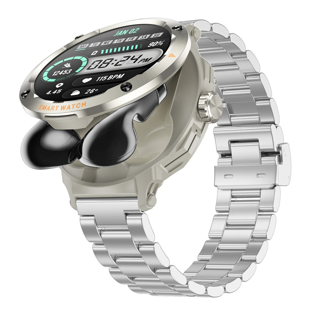 D13 Steel Strap Smart Watch with Bluetooth-Compatible Earbuds 2 in 1 Fitness Tracker Touchscreen Smartwatch