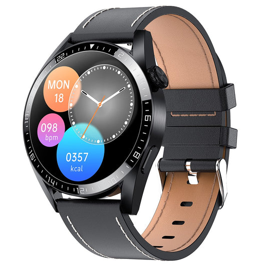 i39 1.28 inch Round Full Touch Screen Smart Watch Music Control Bluetooth-compatible Call Heart Rate Monitor Sports Wristwatch, Leather Strap