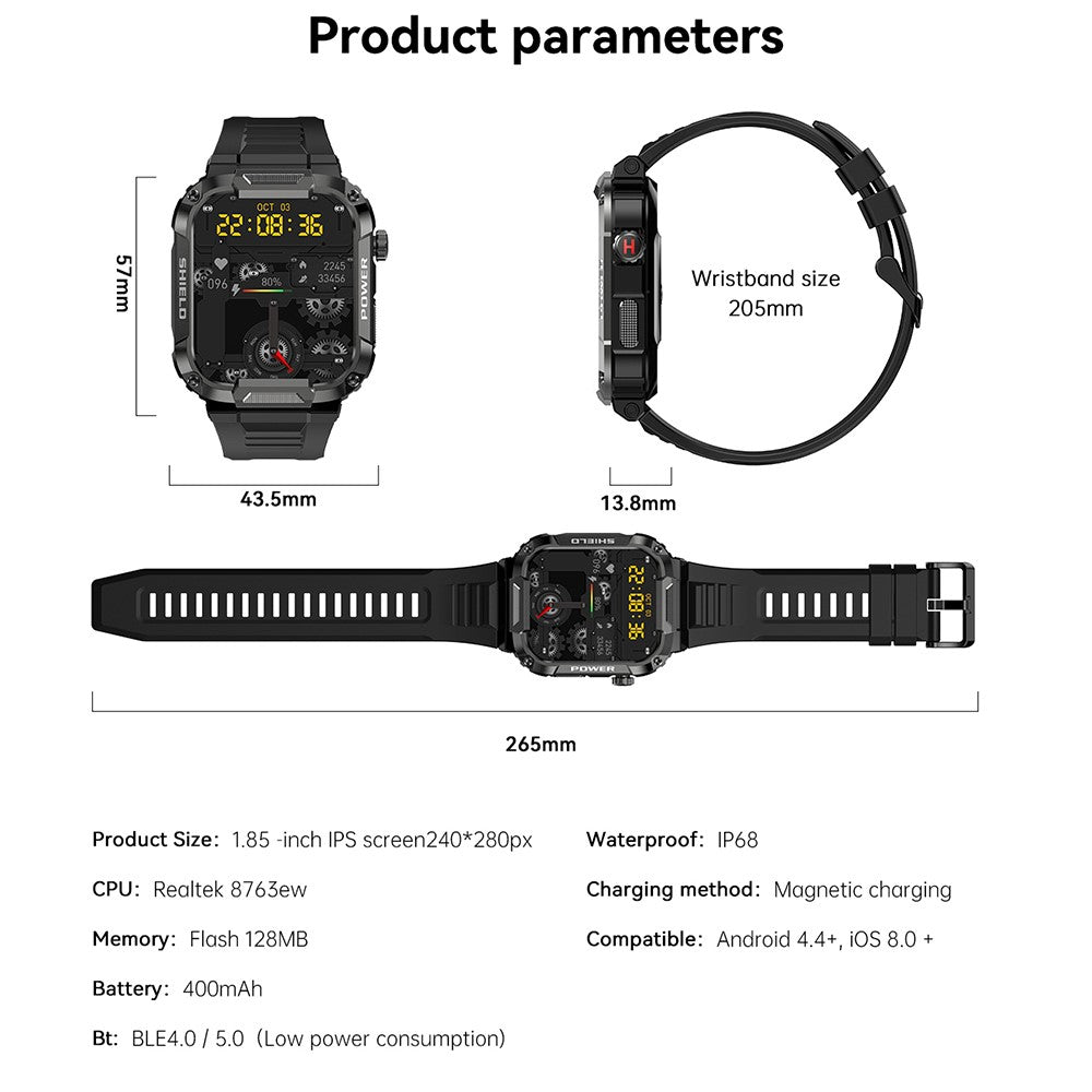 MK66 Smart Sports Bracelet 1.85" IPS Screen Smart Watch IP68 Waterproof Fitness Watch with Heart Rate Monitoring, Weather Forecast