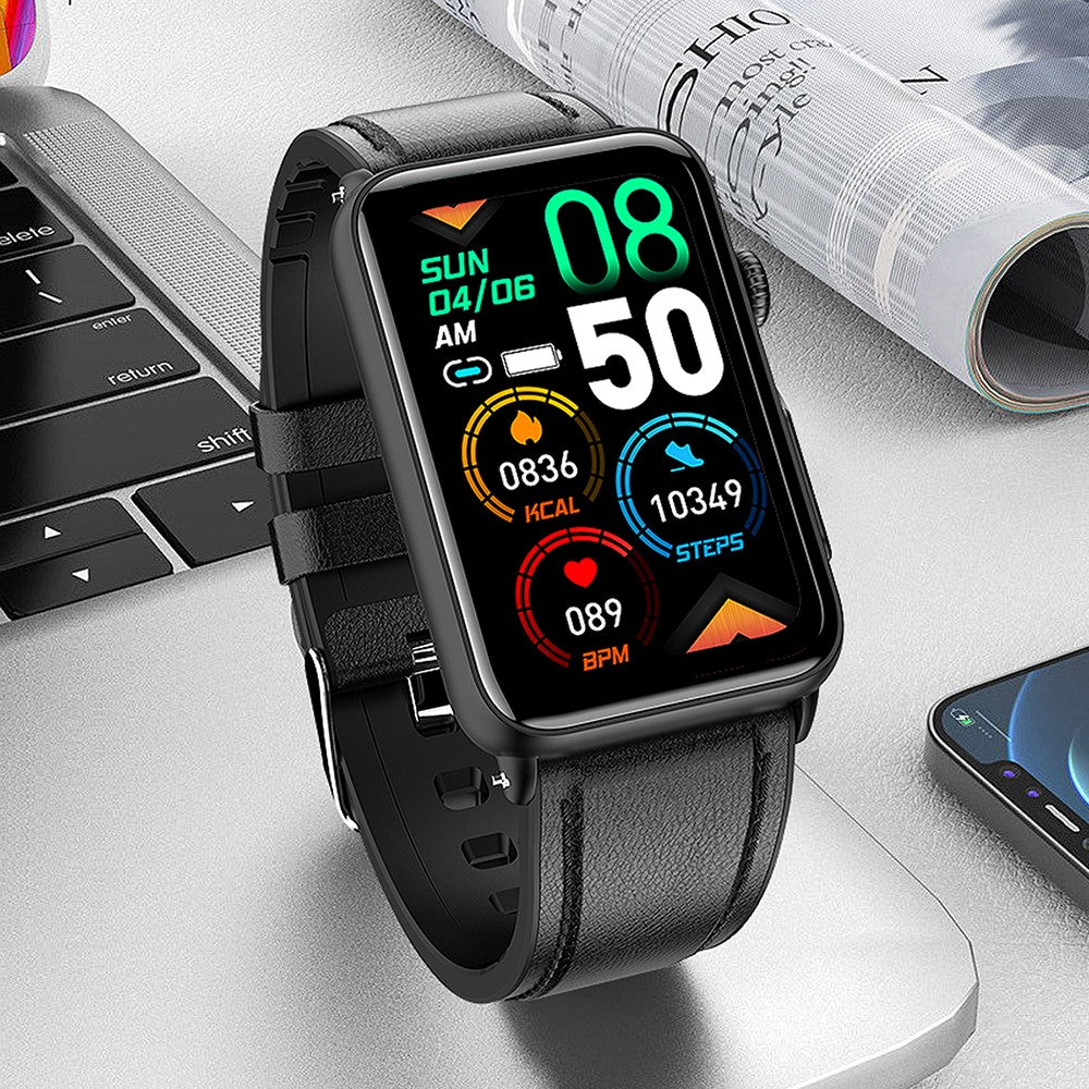 ET620 1.57 inch Smart Watch Bluetooth-compatible Call IP67 Waterproof Electric Bracelet with ECG Temperature Heart Rate Monitoring, Leather Strap