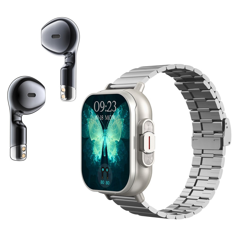 D8 2 in 1 Bluetooth-compatible Earphone Multiple Sports Modes Smart Watch Support Health Monitor, Steel Strap