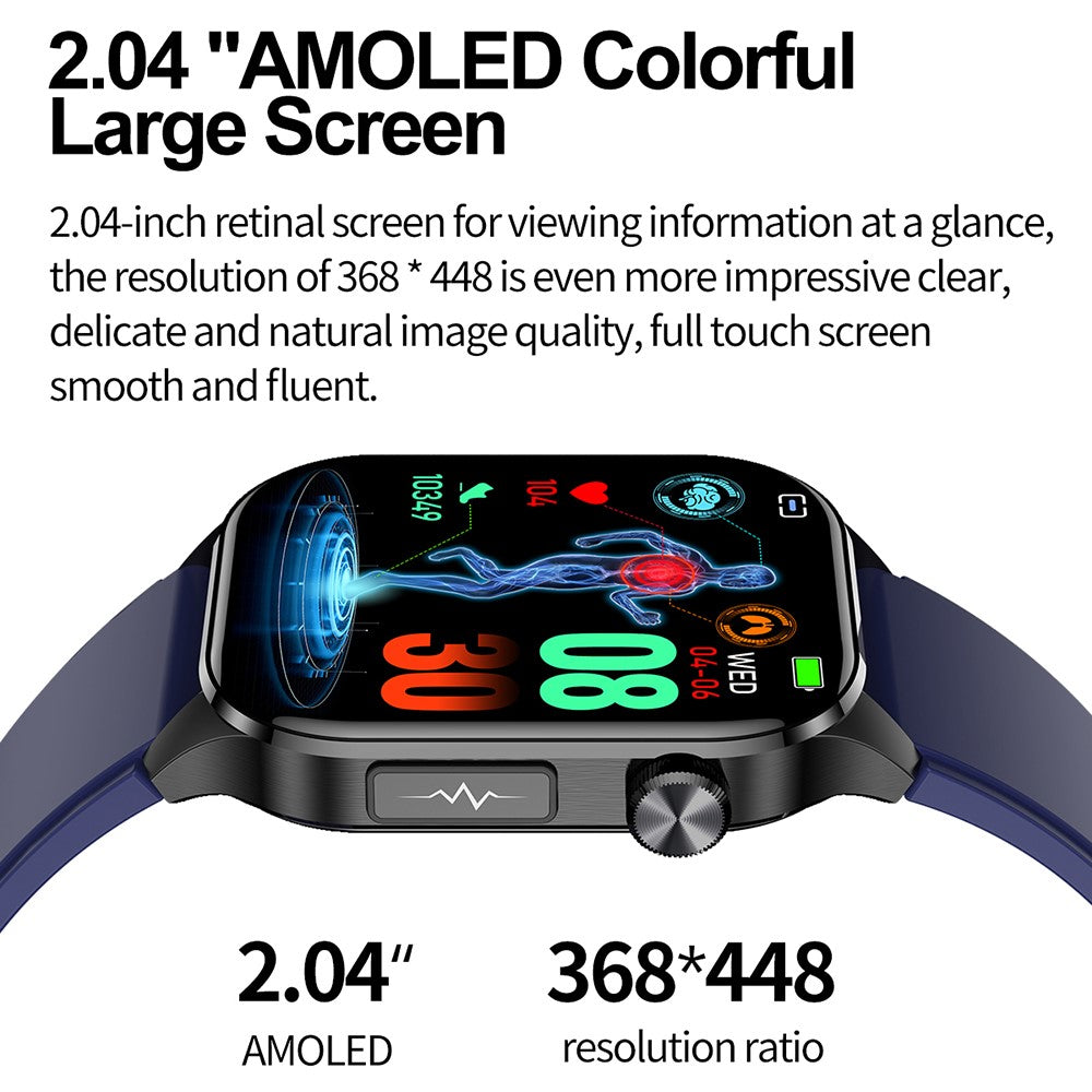 ET580 2.04" AMOLED Screen ECG Health Monitor Smart Watch, Silicone Strap