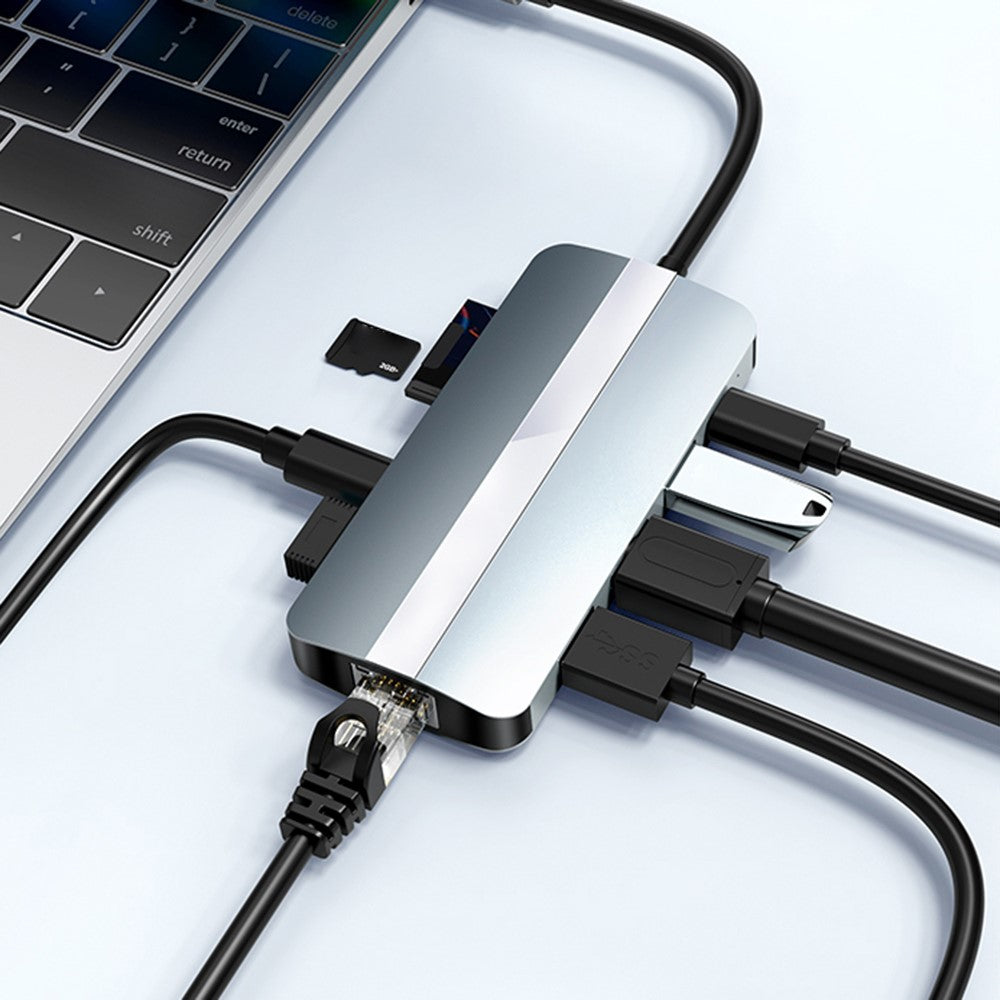 2206 For MacBook 9-in-1 Type-C Multi-Interface Hub Splitter HD+USB3.0+USB2.0+PD+USB-C+RJ45+SD+TF Slots Adapter Docking Station