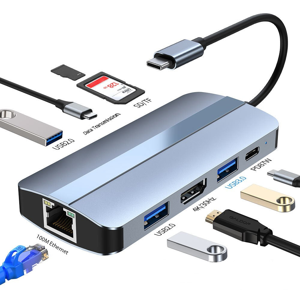 2206 For MacBook 9-in-1 Type-C Multi-Interface Hub Splitter HD+USB3.0+USB2.0+PD+USB-C+RJ45+SD+TF Slots Adapter Docking Station