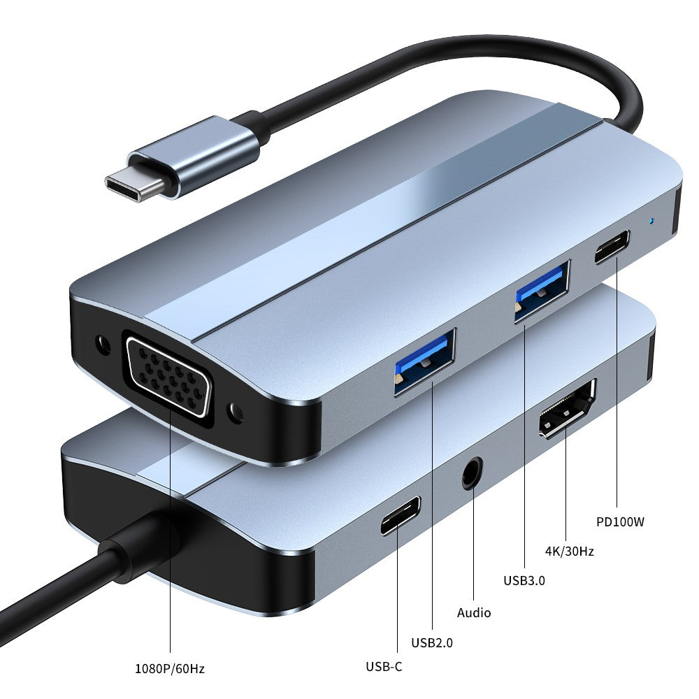 2106 Type-C Docking Station Portable USB Hub Adapter Multi-Port 7-in-1 USB-C to HD 4K  /  30Hz, PD 100W, VGA 1080P, USB3.0, USB2.0