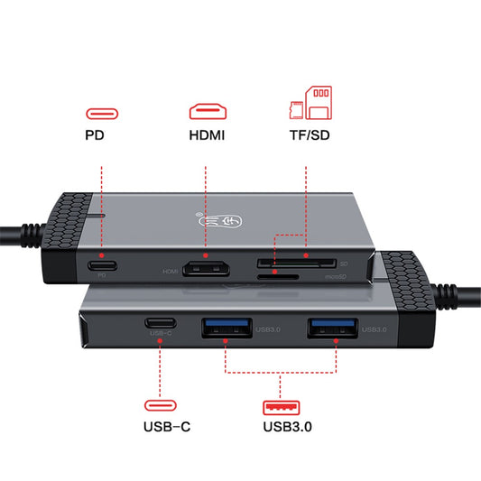 KAWAU H352 15cm Type-C Hub Adapter USB-C Docking Station with HD+2 USB3.0+Type-C+PD3.0+SD / TF Ports