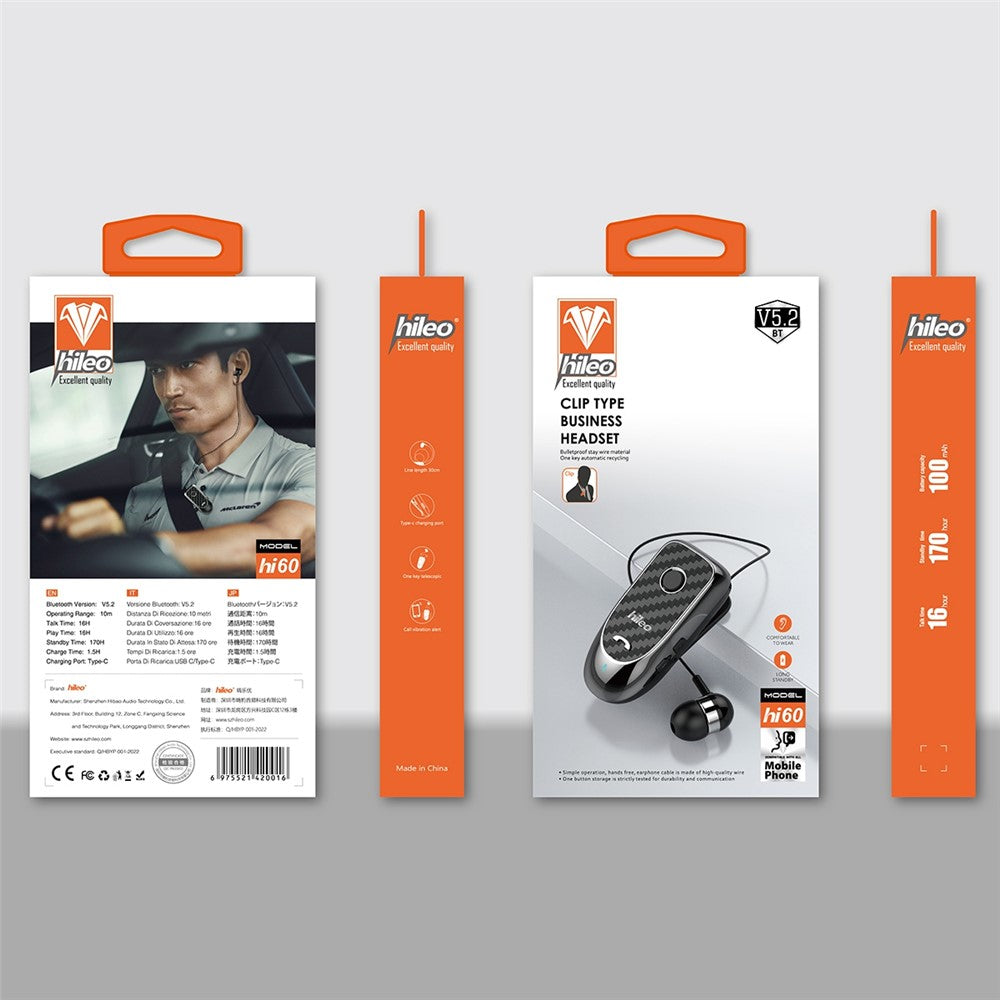 HILEO Hi60 Clip-On Style Bluetooth-compatible Headset Single Ear Wireless Headphone Stretchable Business Earphone for Driving