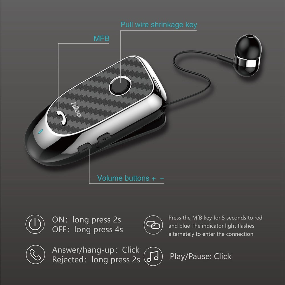 HILEO Hi60 Clip-On Style Bluetooth-compatible Headset Single Ear Wireless Headphone Stretchable Business Earphone for Driving