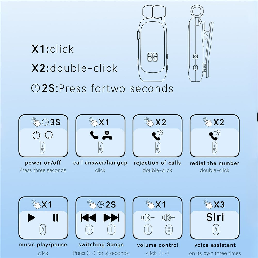 K88 Business Lavalier Headphones Retractable Sports Bluetooth-compatible Earphones with LED Display