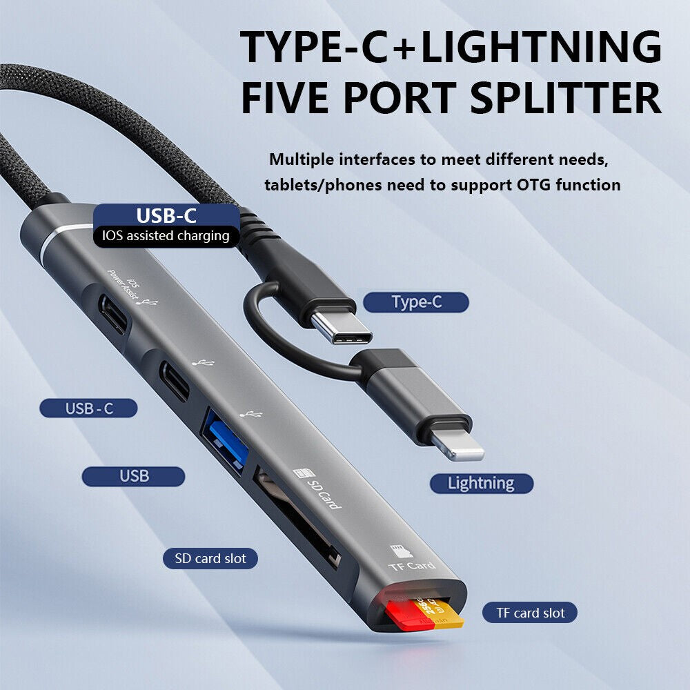 SVT02 For Iphone+Type-C Hub Adapter to 2 Type-C Ports+USB+2 Card Reader Slots