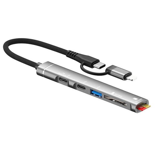 SVT02 For Iphone+Type-C Hub Adapter to 2 Type-C Ports+USB+2 Card Reader Slots