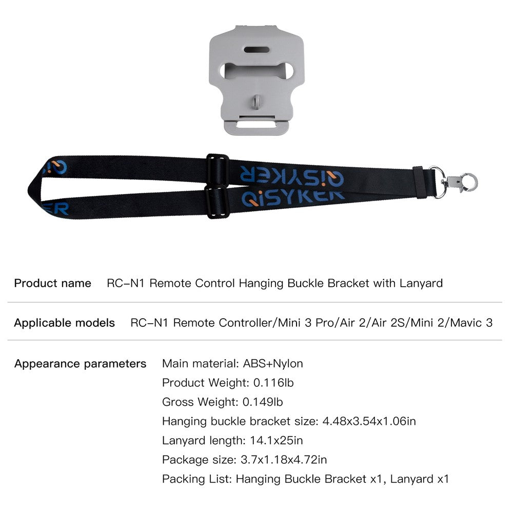 QISYKER DARCN516 for DJI Mini 3 Pro/Air 2/Air 2S/Mini 2/Mavic 3 RC-N1 Remote Control Adjustable Lanyard with Hanging Buckle Bracket