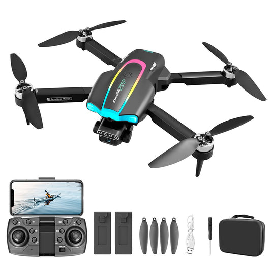 XT105 Foldable RC Drone LED 480P Brushless Quadcopter with 2 Batteries for Adult Beginners and Kids