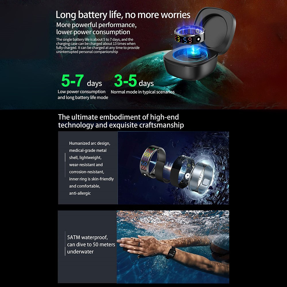 R12 5ATM Waterproof Digital Display Smart Ring Sleep Tracker Blood Oxygen Heart Rate Monitor with Charging Case