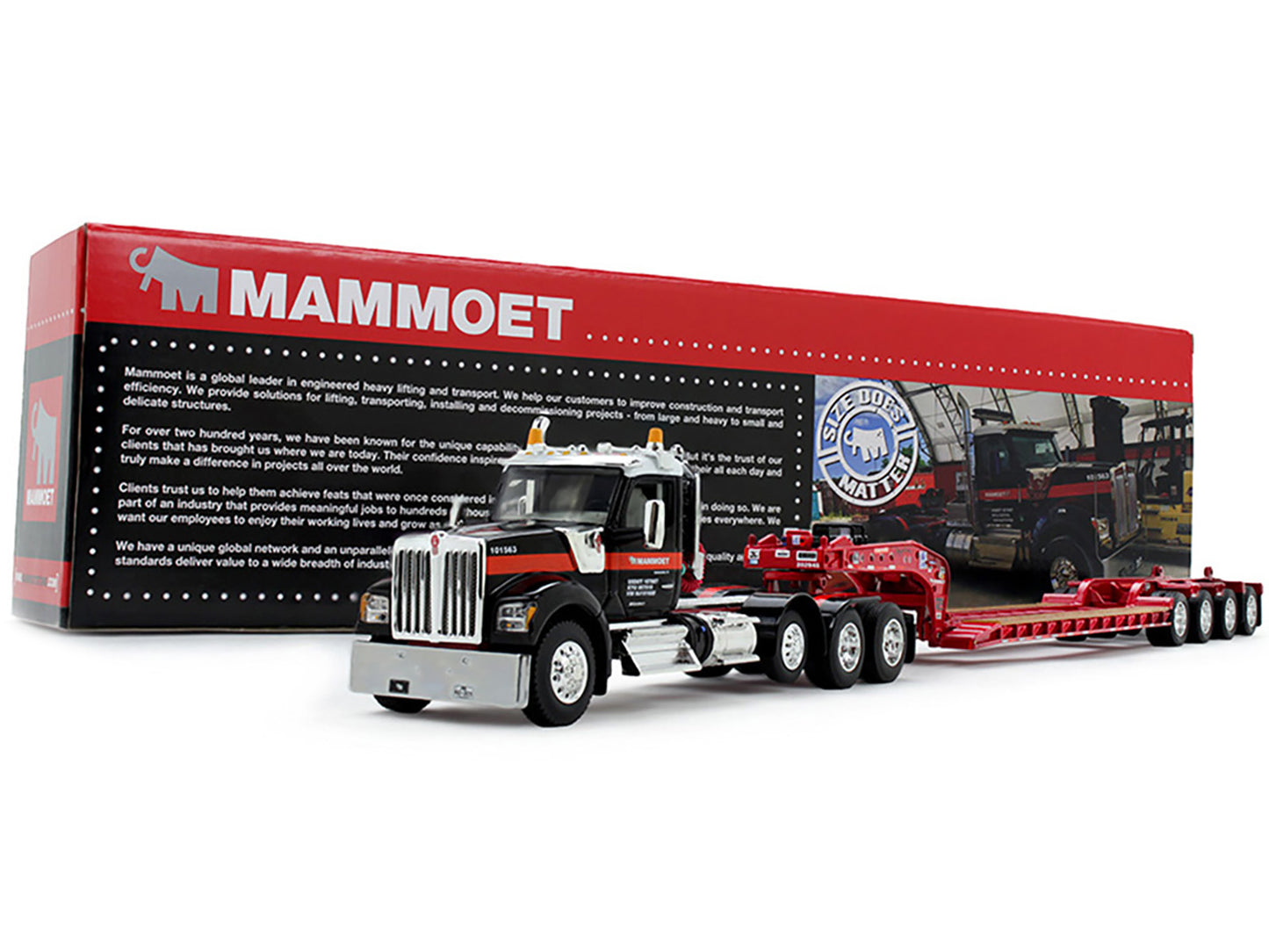 Kenworth W990 Heavy Haul Day Cab and Magnitude Tri-Axle Lowboy Trailer with Flip Tail "Mammoet" Black and Red 1/64 Diecast Model by DCP/First Gear