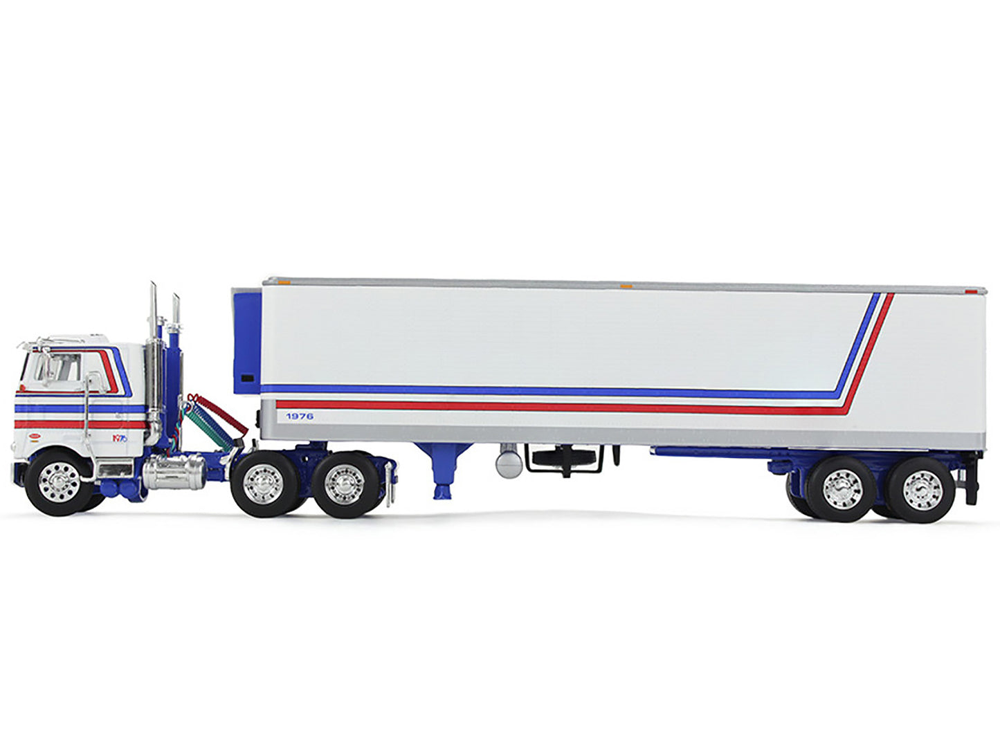 Peterbilt 352 COE 86" Sleeper and 40' Vintage Refrigerated Trailer White with Blue and Red Stripes "Bicentennial Patriot" 1/64 Diecast Model by DCP/First Gear