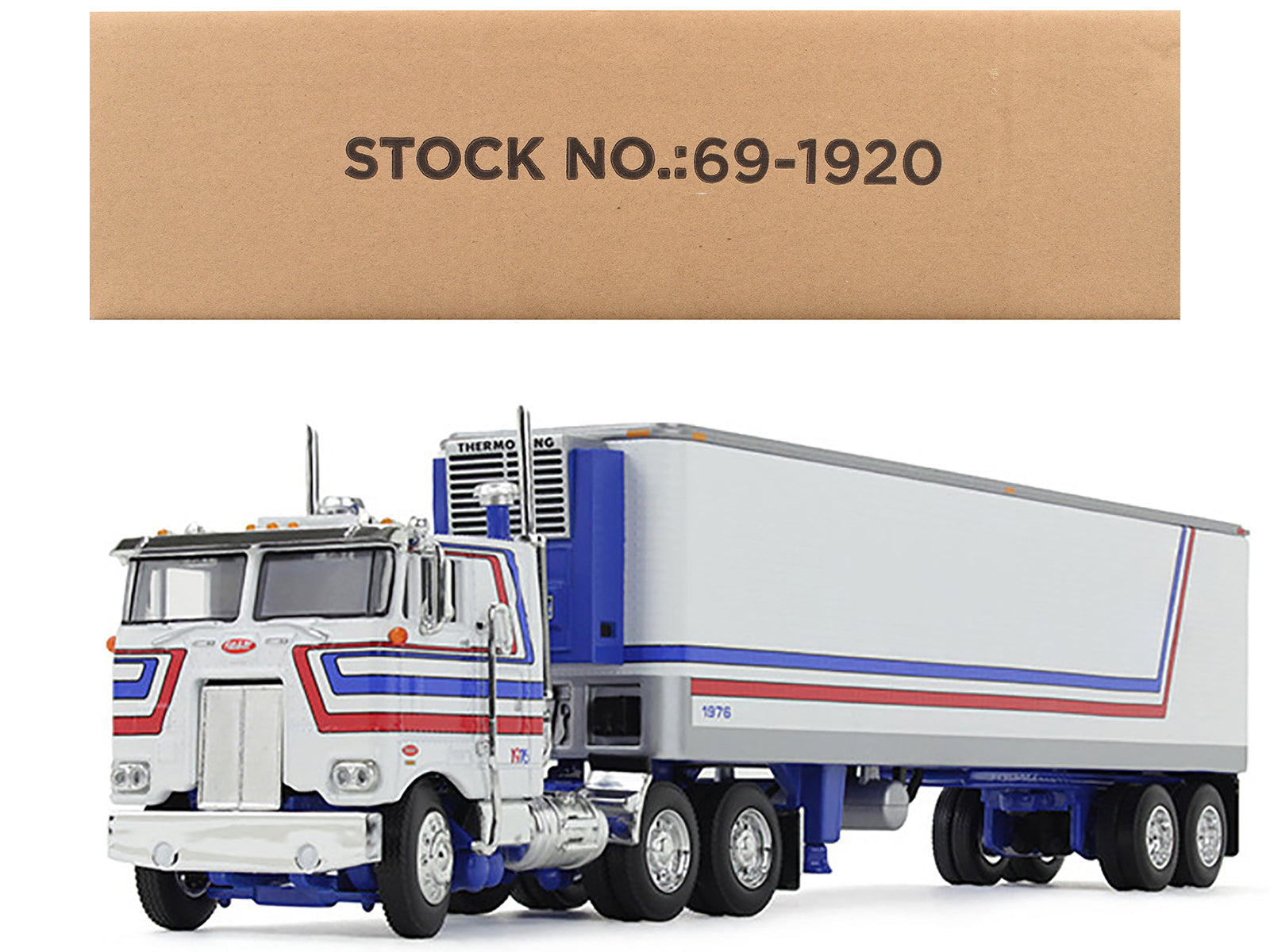 Peterbilt 352 COE 86" Sleeper and 40' Vintage Refrigerated Trailer White with Blue and Red Stripes "Bicentennial Patriot" 1/64 Diecast Model by DCP/First Gear