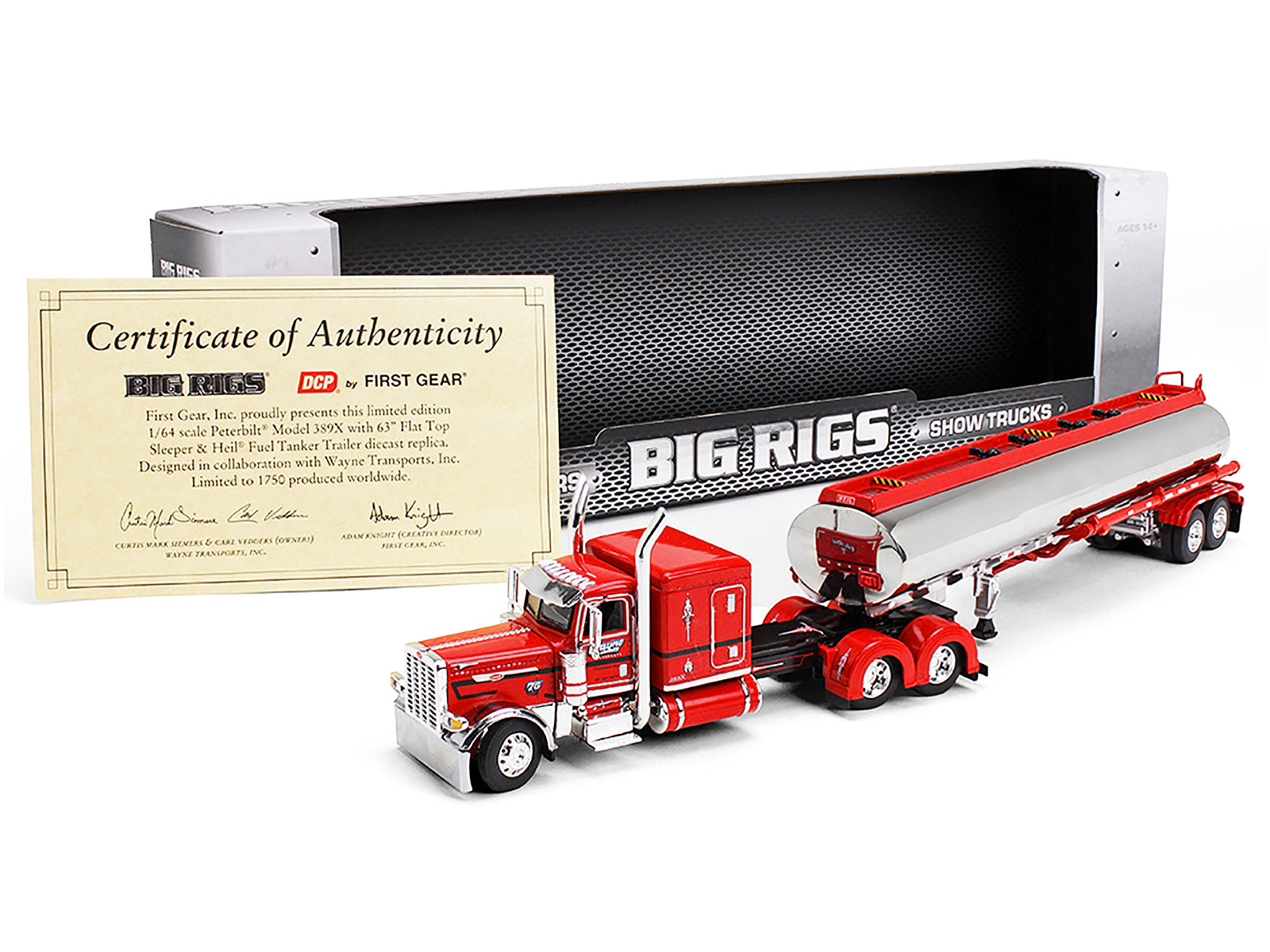 Peterbilt 389X with 63‚Äù Flat Top Sleeper and Heil Fuel Tank Trailer "Wayne Transports" Red with Black Stripes "Big Rigs Series II #1" 1/64 Diecast Model by DCP/First Gear