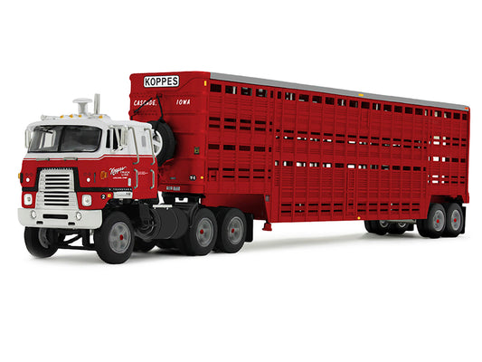 International TranStar COE and 45' Wilson Vintage Livestock Trailer "Koppes Truck Line" Red and White 1/64 Diecast Model by DCP/First Gear
