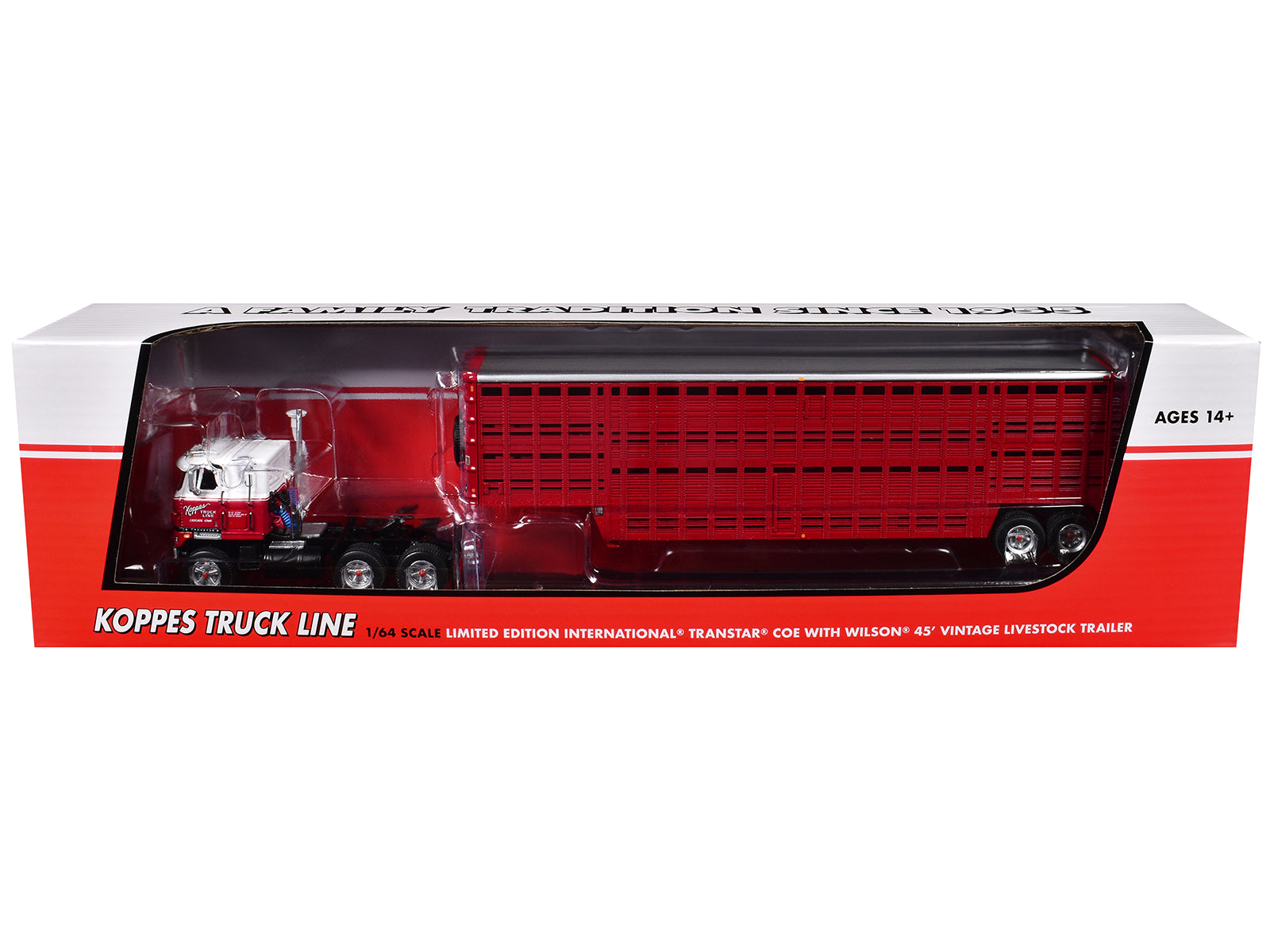 International TranStar COE and 45' Wilson Vintage Livestock Trailer "Koppes Truck Line" Red and White 1/64 Diecast Model by DCP/First Gear