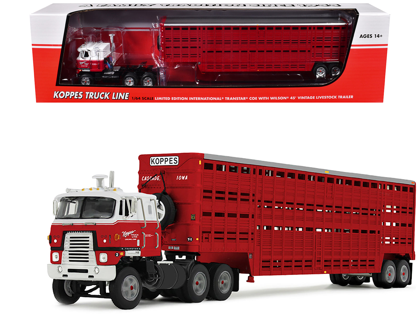 International TranStar COE and 45' Wilson Vintage Livestock Trailer "Koppes Truck Line" Red and White 1/64 Diecast Model by DCP/First Gear