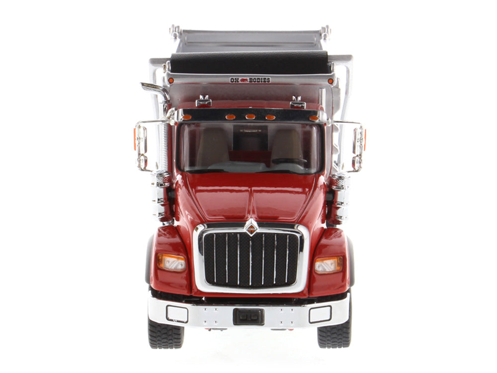International HX620 Tandem Axle with Pusher Axle OX Stampede Dump Truck Red and Chrome "Transport Series" 1/50 Diecast Model by Diecast Masters