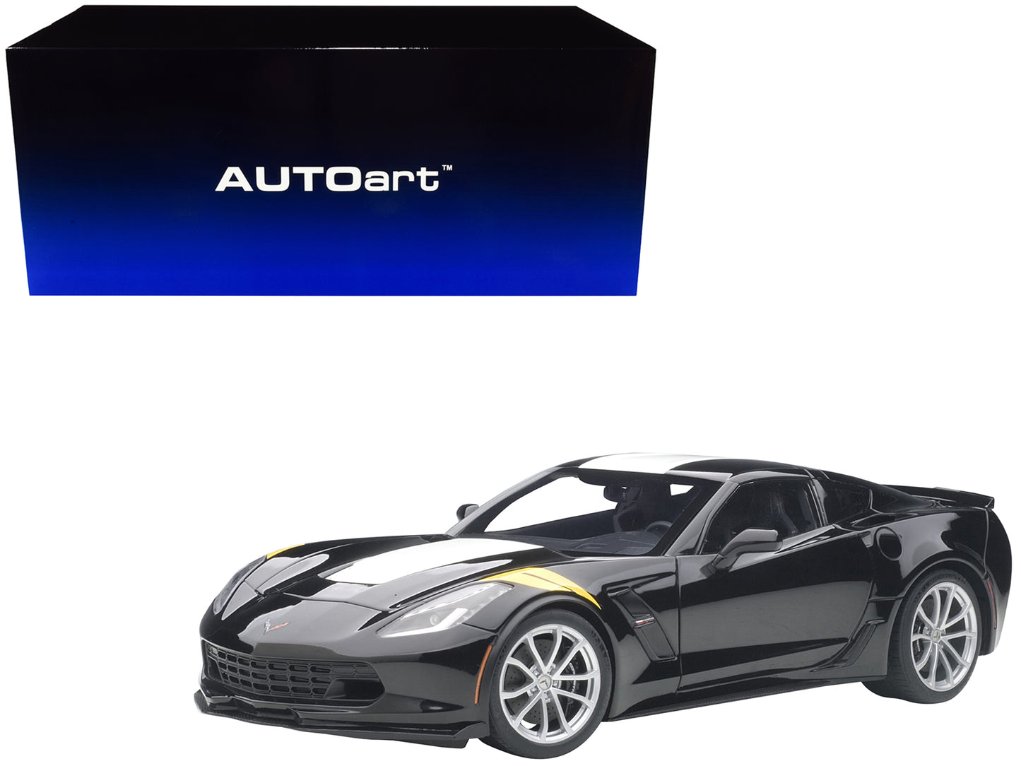 2017 Chevrolet Corvette C7 Grand Sport Black with White Stripe and Yellow Fender Hash Marks 1/18 Model Car by Autoart 