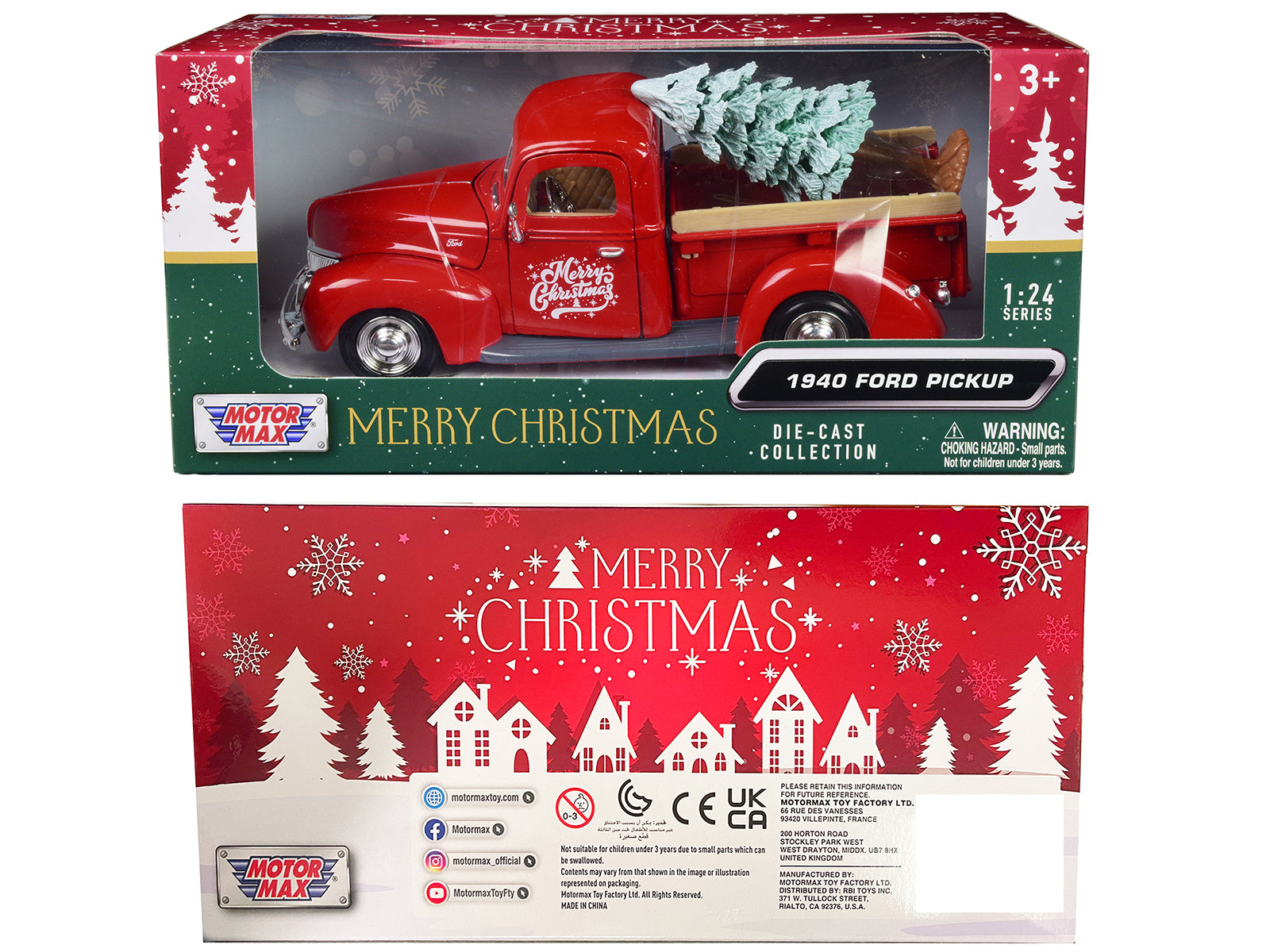 1940 Ford Pickup Truck Red "Merry Christmas" with Tree Accessory 1/24 Diecast Model Car by Motormax