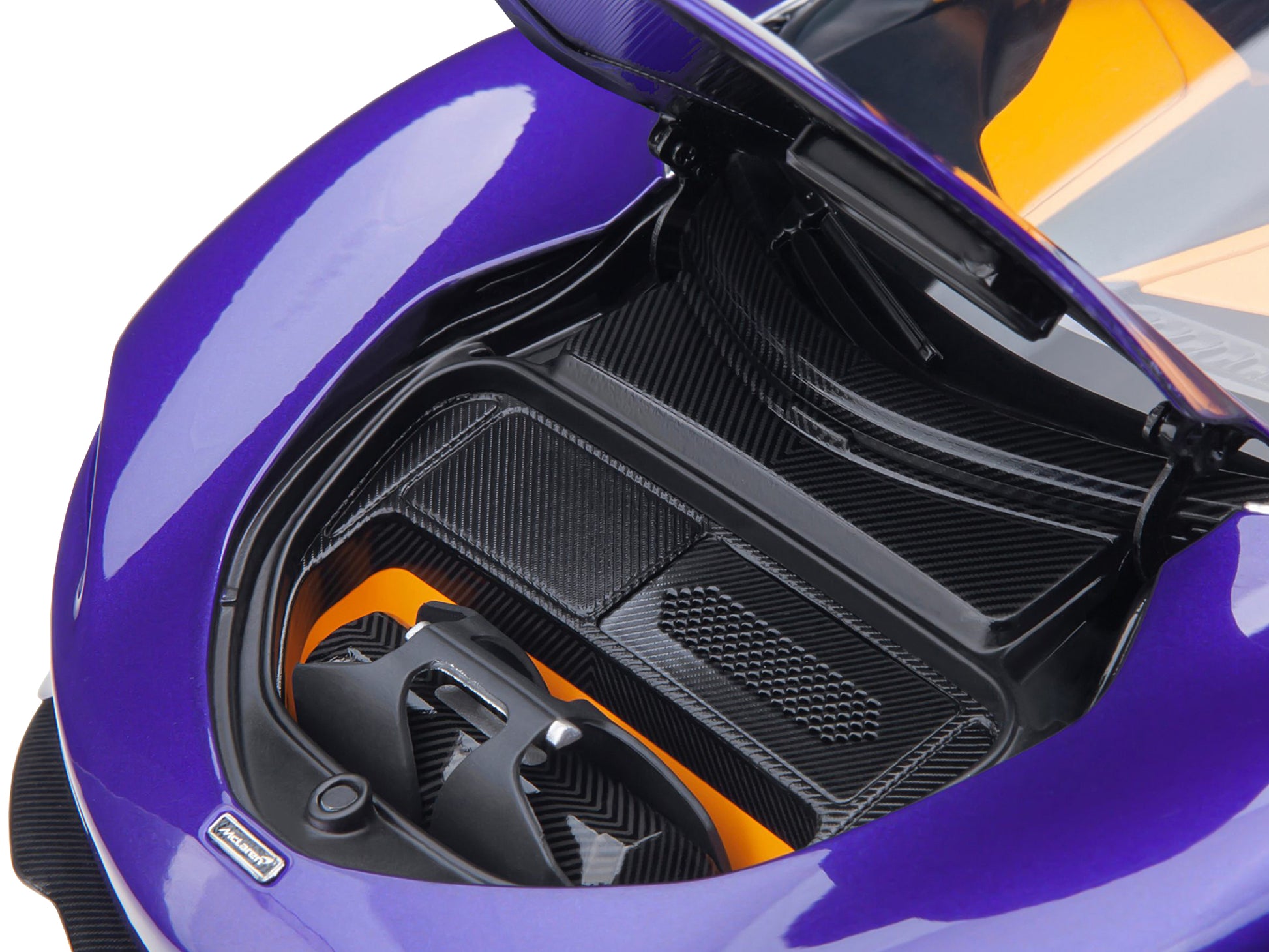 McLaren Speedtail Lantana Purple Metallic with Black Top and Yellow Interior and Suitcase Accessories  1/18 Model Car by Autoart