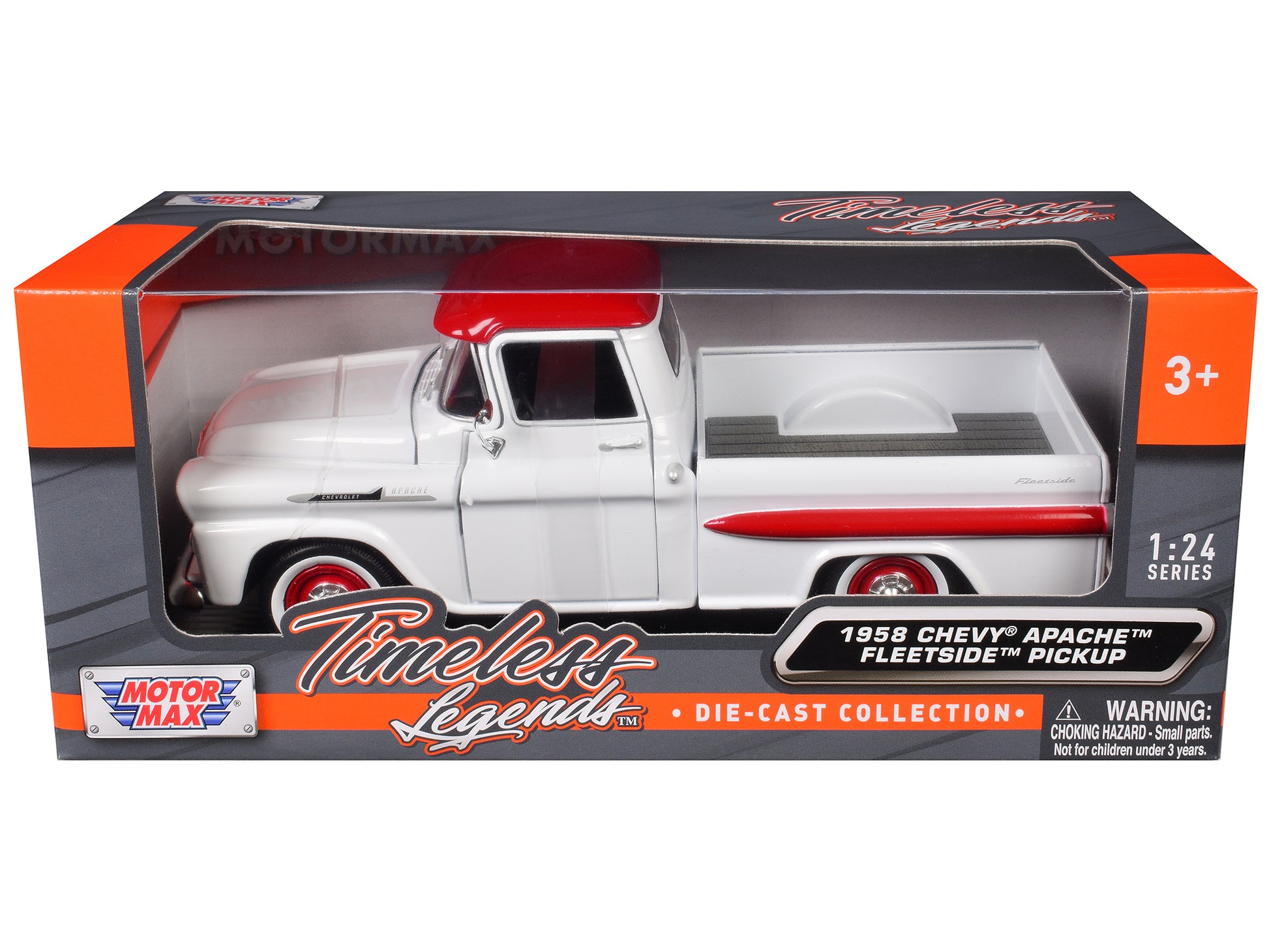 1958 Chevrolet Apache Fleetside Pickup Truck White with Red Top "Timeless Legends" Series 1/24 Diecast Model Car by Motormax
