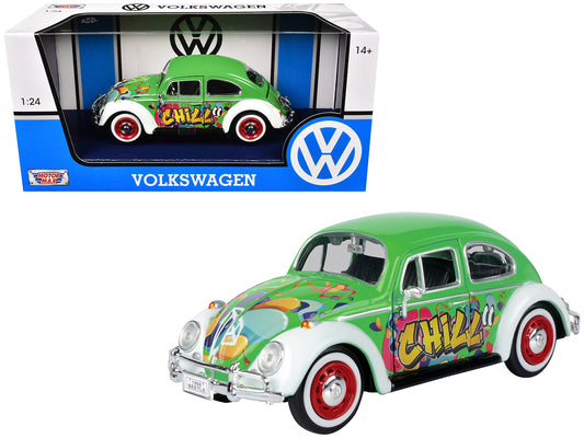 1966 Volkswagen Beetle Green with Graffiti Graphics 1/24 Diecast Model Car by Motormax