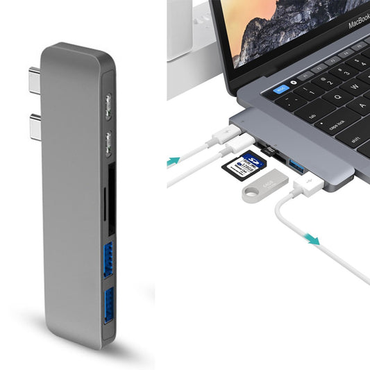 6 in 1 Dual Type-C Hub Adapter SD/TF Card Reader with 2 PD Fast Charging Ports 2 USB 3.0 Ports for MacBook Pro 13" & 15" 2016/2017