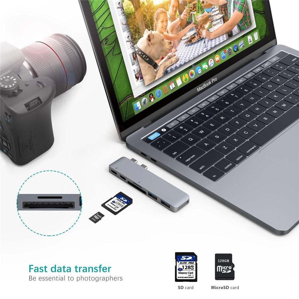 6 in 1 Dual Type-C Hub Adapter SD/TF Card Reader with 2 PD Fast Charging Ports 2 USB 3.0 Ports for MacBook Pro 13" & 15" 2016/2017