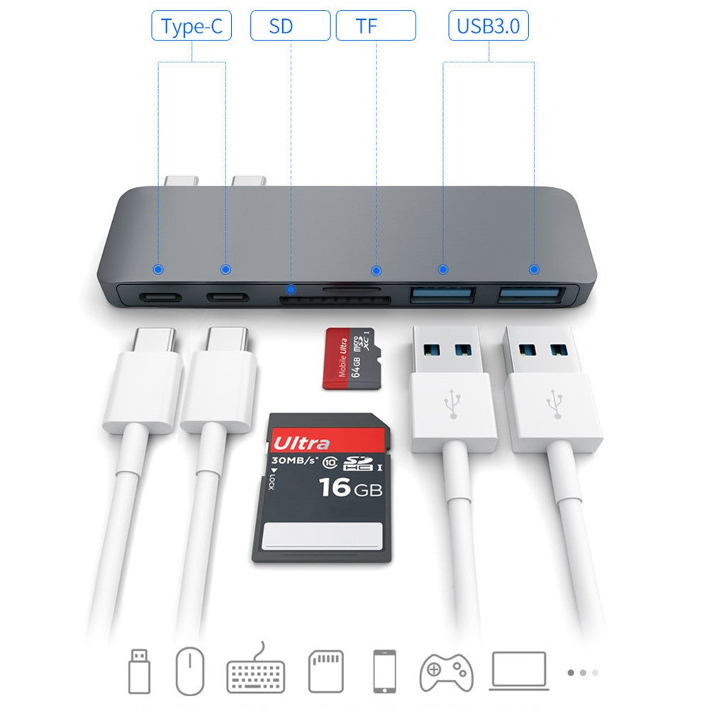 6 in 1 Dual Type-C Hub Adapter SD/TF Card Reader with 2 PD Fast Charging Ports 2 USB 3.0 Ports for MacBook Pro 13" & 15" 2016/2017