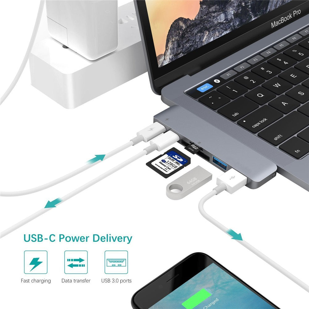 6 in 1 Dual Type-C Hub Adapter SD/TF Card Reader with 2 PD Fast Charging Ports 2 USB 3.0 Ports for MacBook Pro 13" & 15" 2016/2017