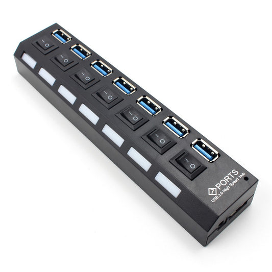 USB 3.0 Desktop Cable On/Off Switch 7-Port HUB for Laptop Computer with AC Adapter