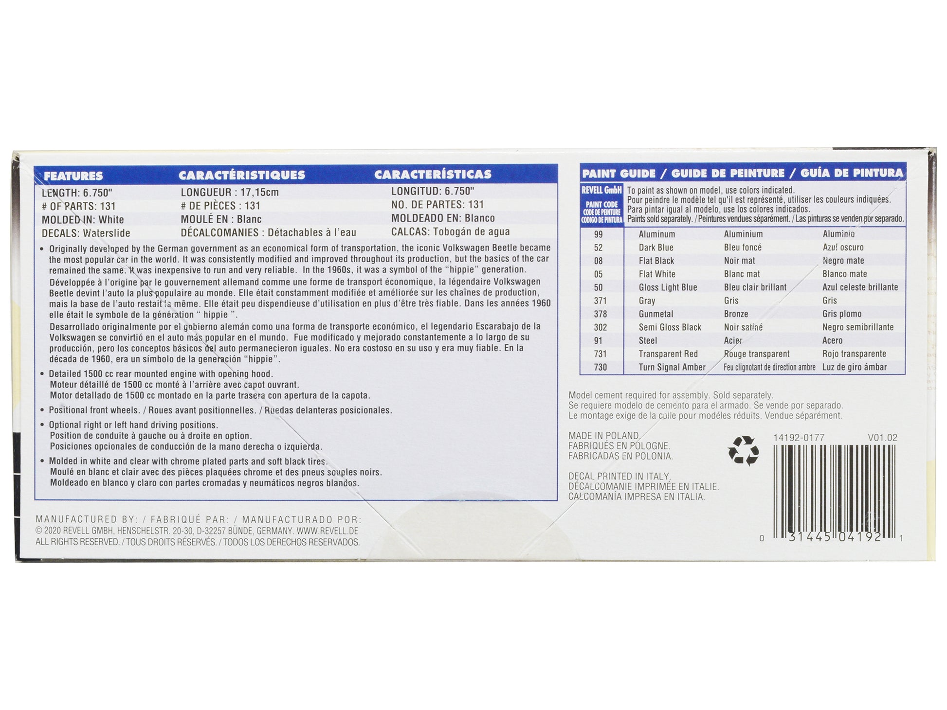 Level 4 Model Kit 1968 Volkswagen Beetle 1/24 Scale Model by Revell