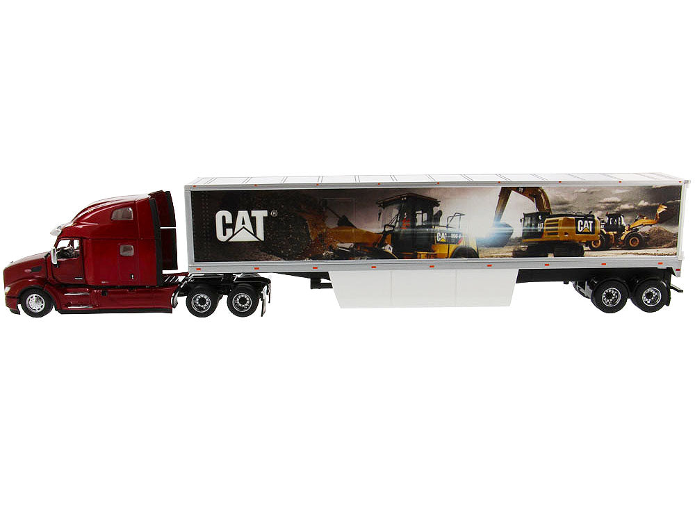 Peterbilt 579 UltraLoft Truck Tractor Red with "CAT Caterpillar" Mural Dry Van Trailer "Transport Series" 1/50 Diecast Model by Diecast Masters