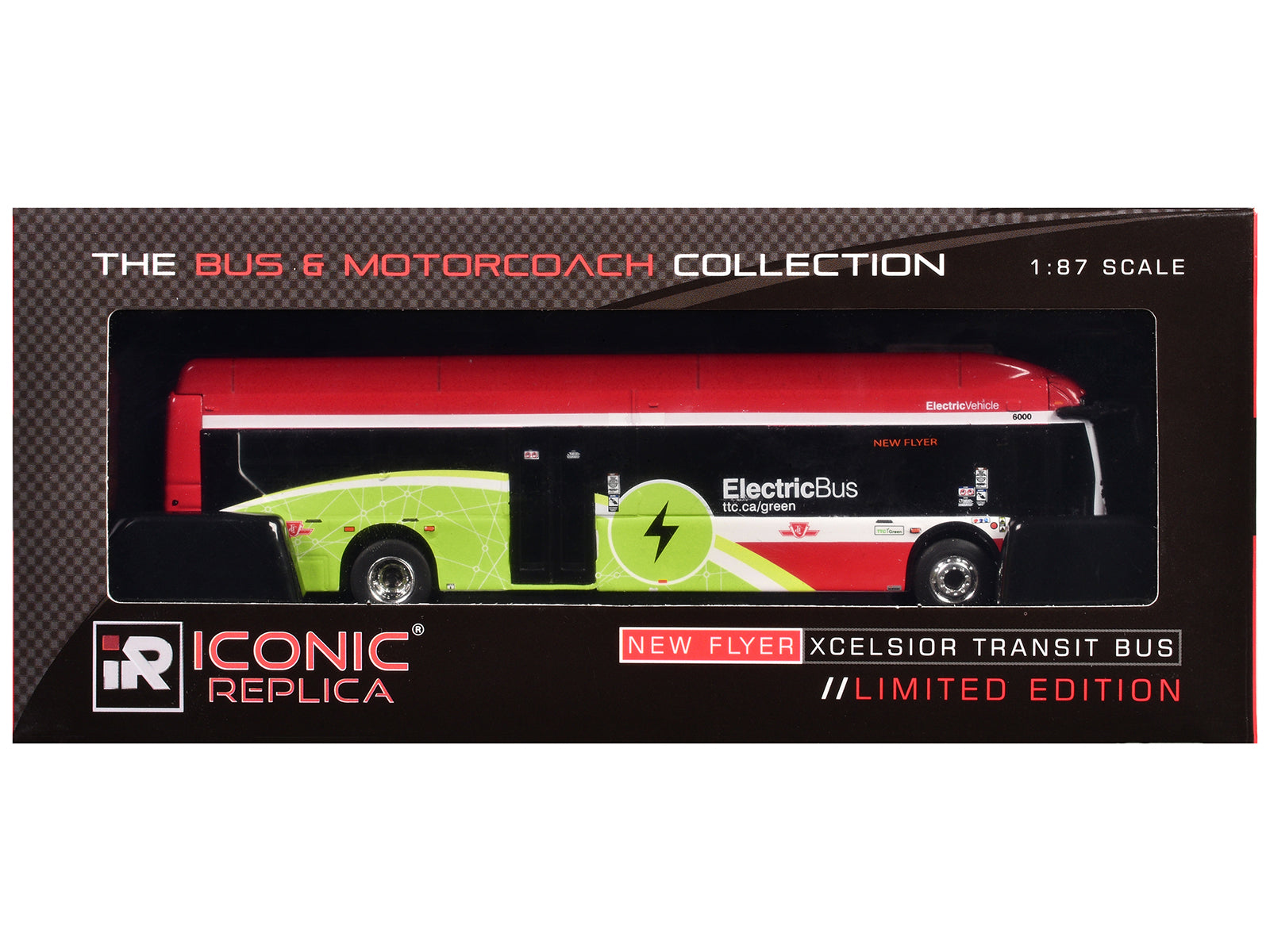 New Flyer Xcelsior Charge NG Electric Transit Bus "TTC (Toronto Transit Commission)" Red and Green with White Stripes "The Bus & Motorcoach Collection" 1/87 (HO) Diecast Model by Iconic Replicas