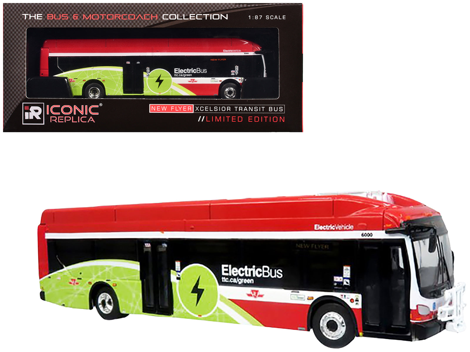 New Flyer Xcelsior Charge NG Electric Transit Bus "TTC (Toronto Transit Commission)" Red and Green with White Stripes "The Bus & Motorcoach Collection" 1/87 (HO) Diecast Model by Iconic Replicas