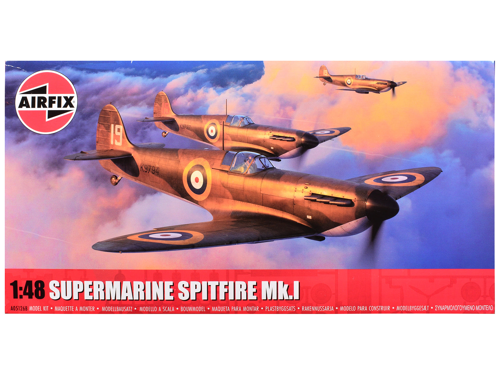 Level 2 Model Kit Supermarine Spitfire Mk.I Fighter Aircraft with 3 Scheme Options 1/48 Plastic Model Kit by Airfix