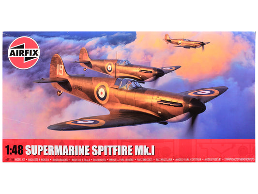 Level 2 Model Kit Supermarine Spitfire Mk.I Fighter Aircraft with 3 Scheme Options 1/48 Plastic Model Kit by Airfix